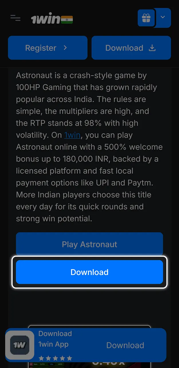 Download the app to play Astronaut on 1win.