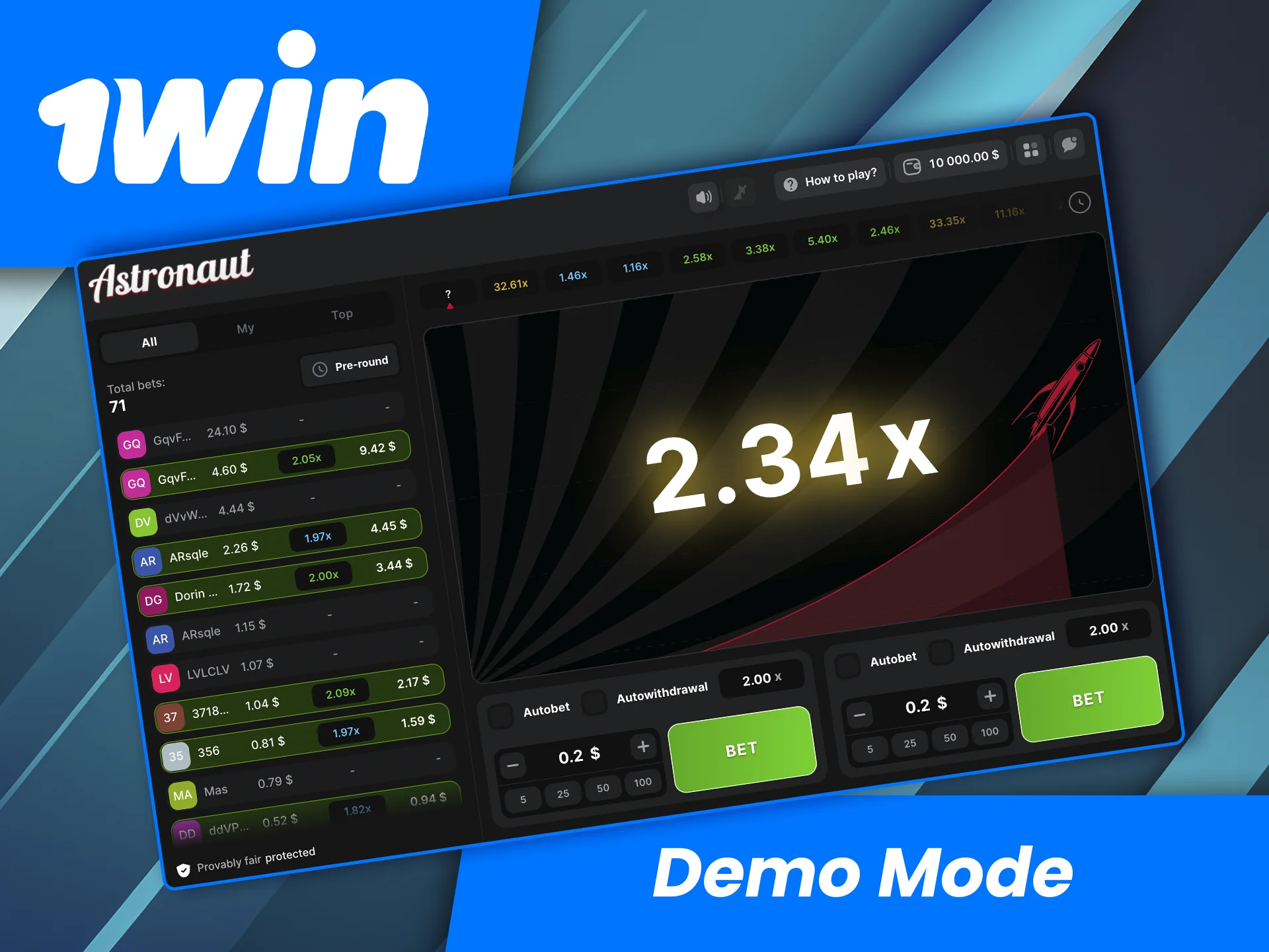 Place a bet in demo mode on the Astronaut game at 1win Casino.