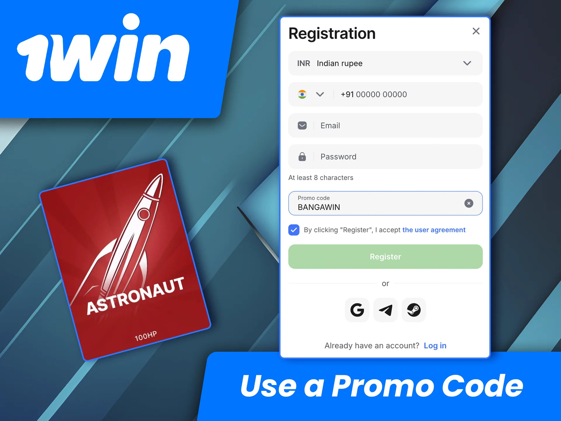 Enter the promo code when registering on the 1win website and claim your bonus in the Astronaut game.