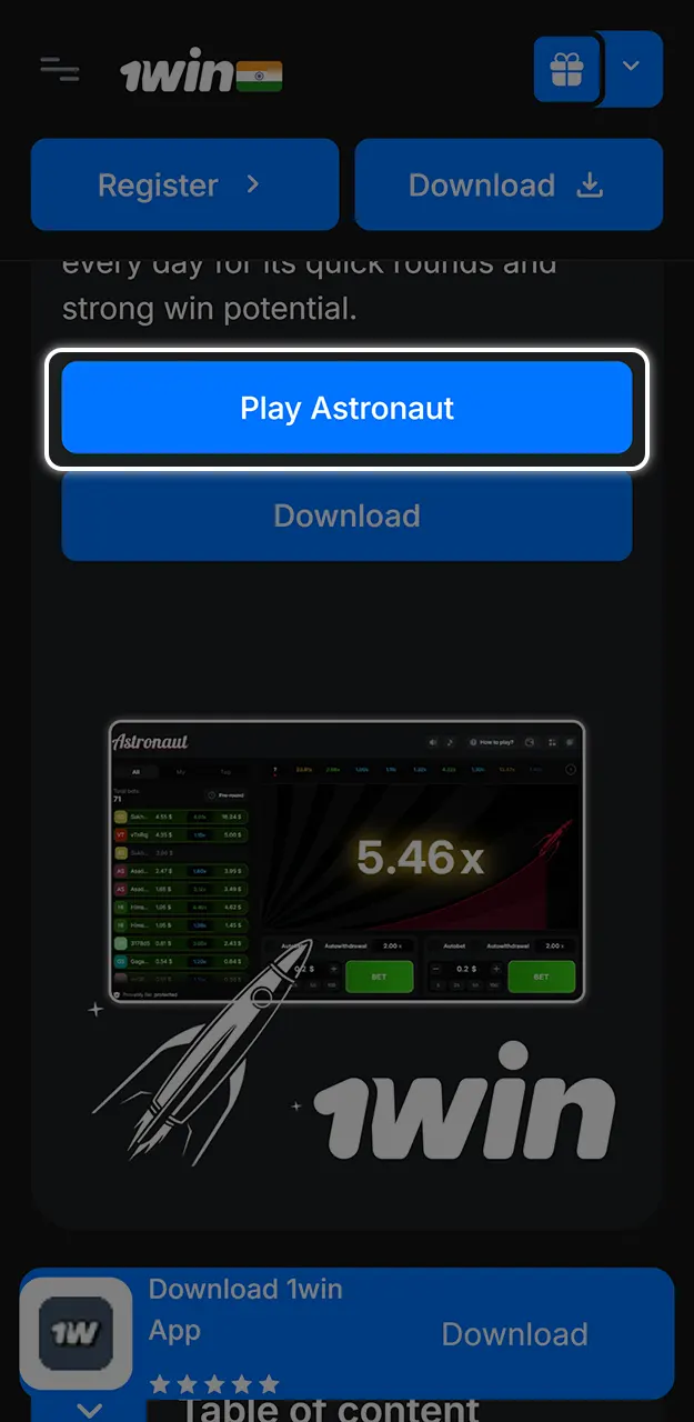 Create an account to play Astronaut on 1win.