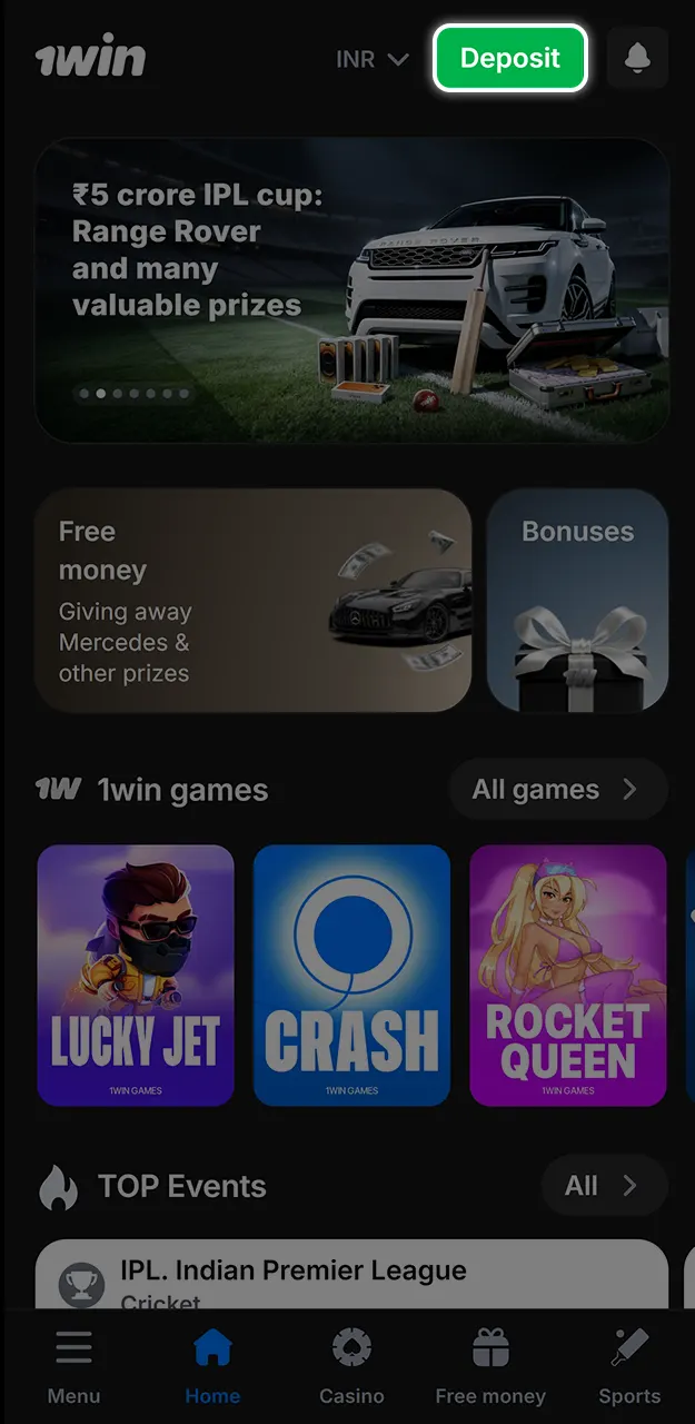 Go to the cashier section and make a deposit to top up your Astronaut balance on 1win.