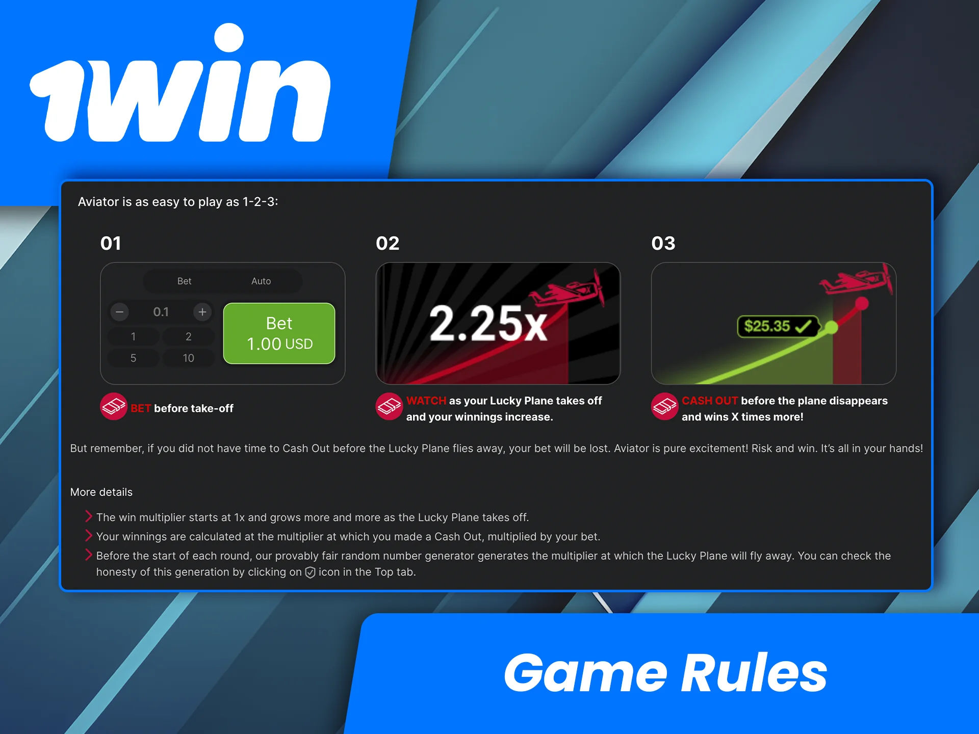 Take a close look at the main rules of the Aviator game from 1win Casino.