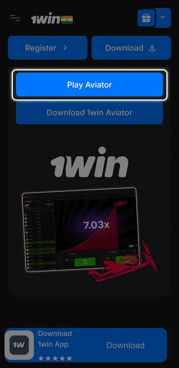 Create an account on 1win and play Aviator.