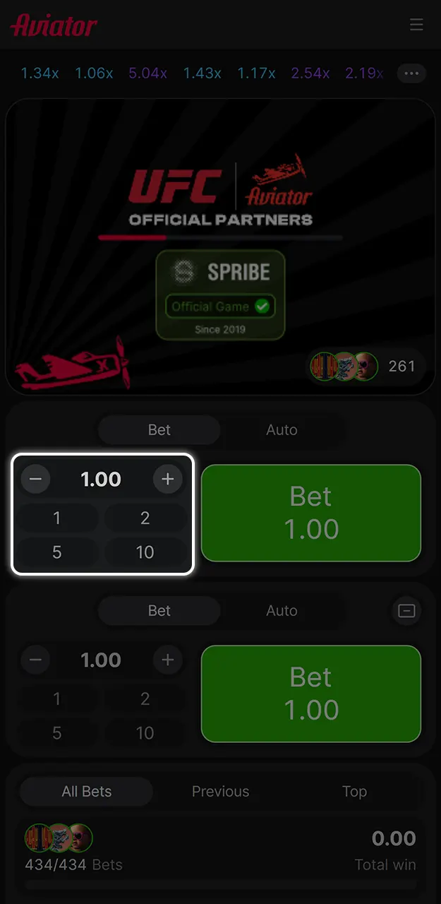 Select your bet amount in Aviator on 1win.