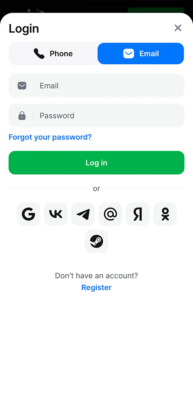 Log in via email on the 1win website.