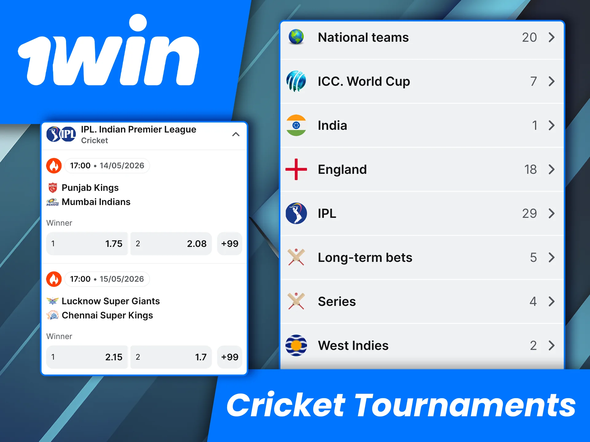 Check out the cricket tournaments available for betting on the 1win website.