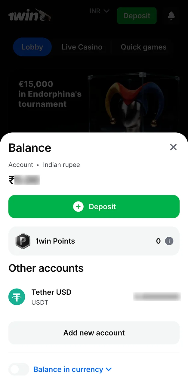 Wait for the funds to be credited to your 1win account, then go to the casino section to place your first bet.