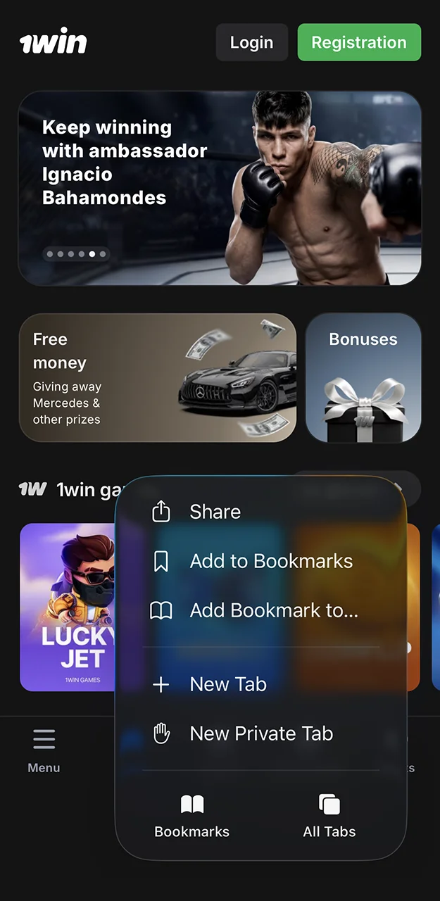 Open the Safari browser menu and select the Share tab to install the 1win app.
