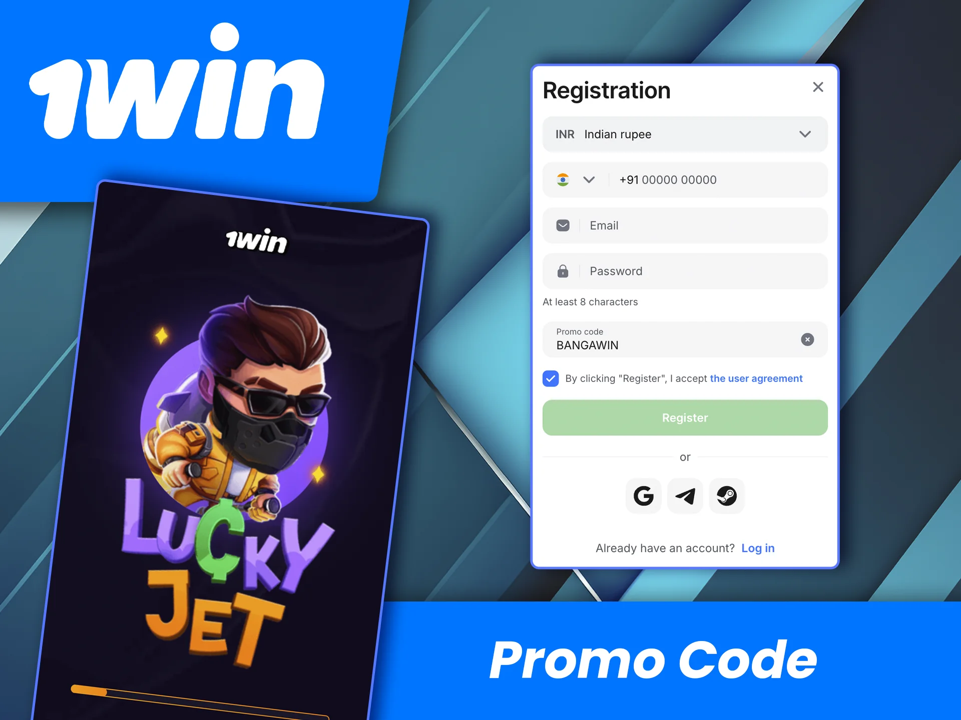 Use the promo code for your game of Lucky Jet on the 1win platform.