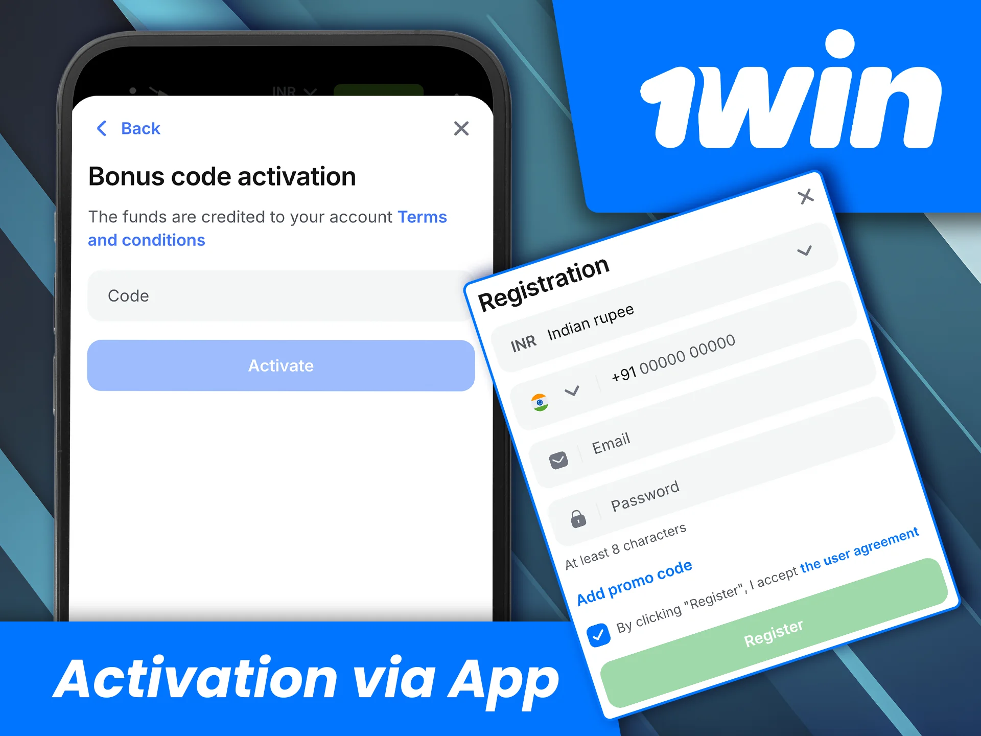 Use the promo code in the mobile app to receive an extra bonus from 1win.