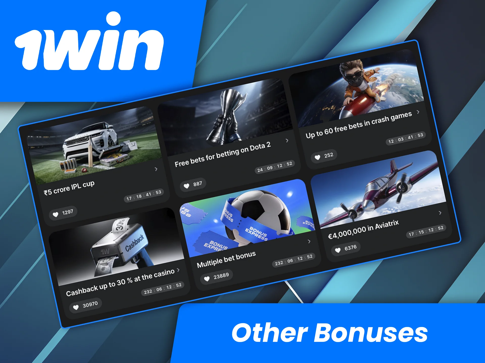 Find out more about all the bonuses available on the 1win platform.