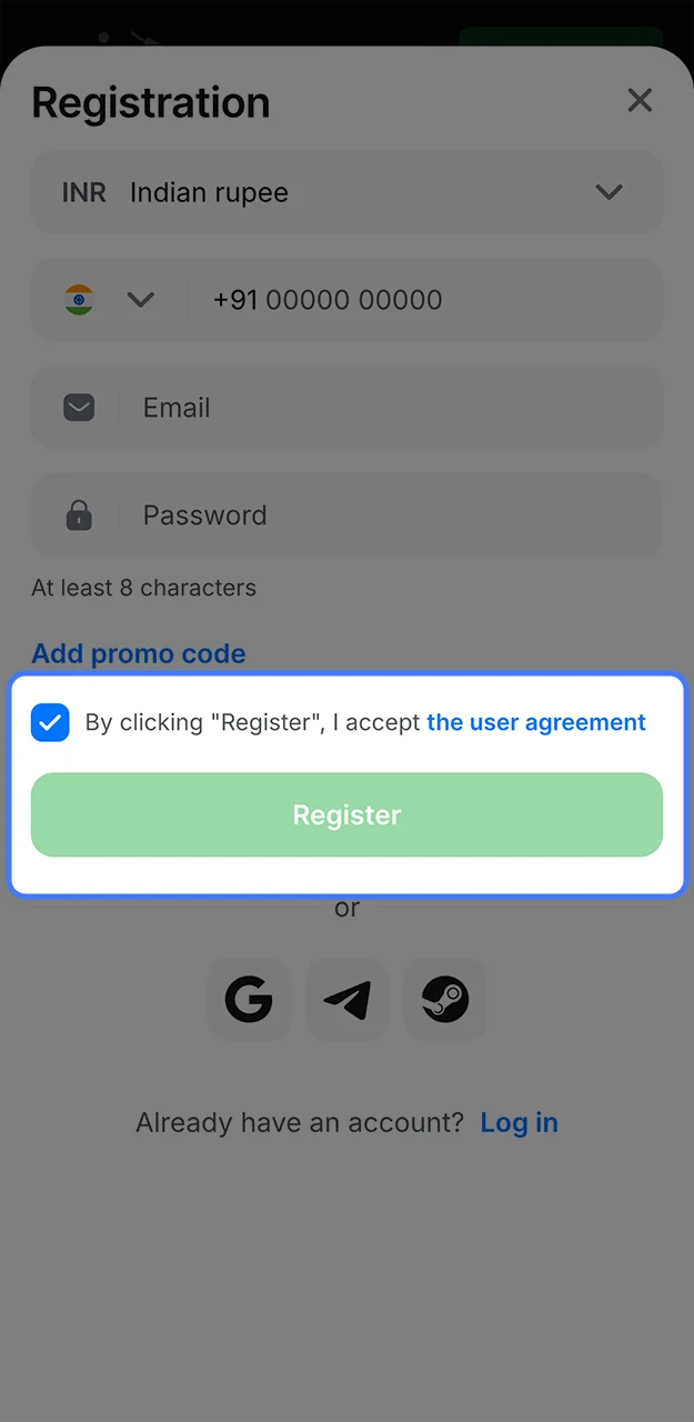 Complete the account registration process on the 1win website.