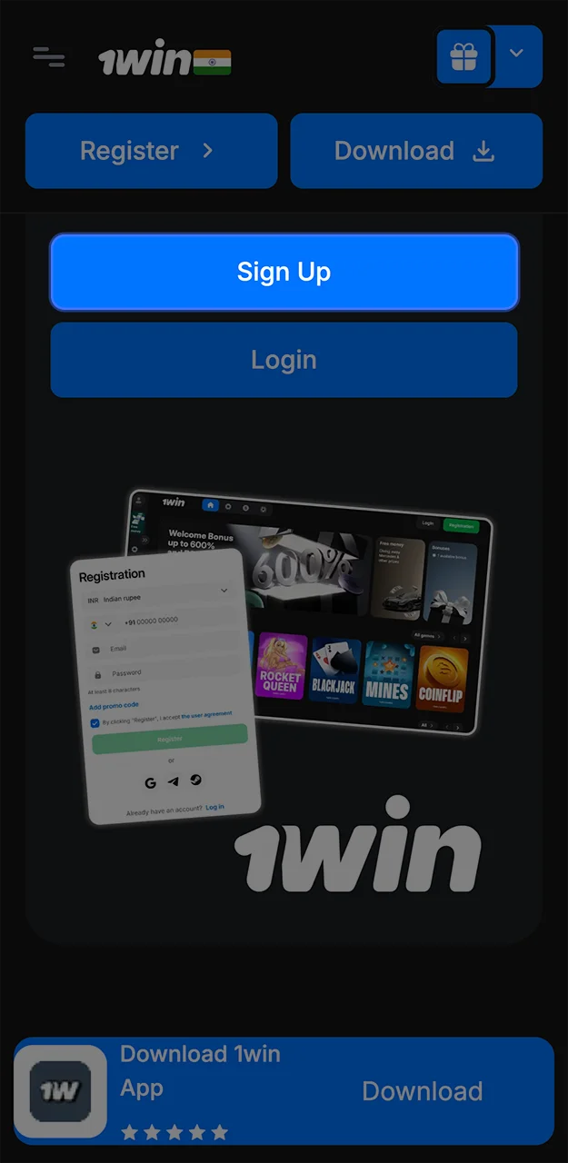 Use the quick link to register on the 1win website.