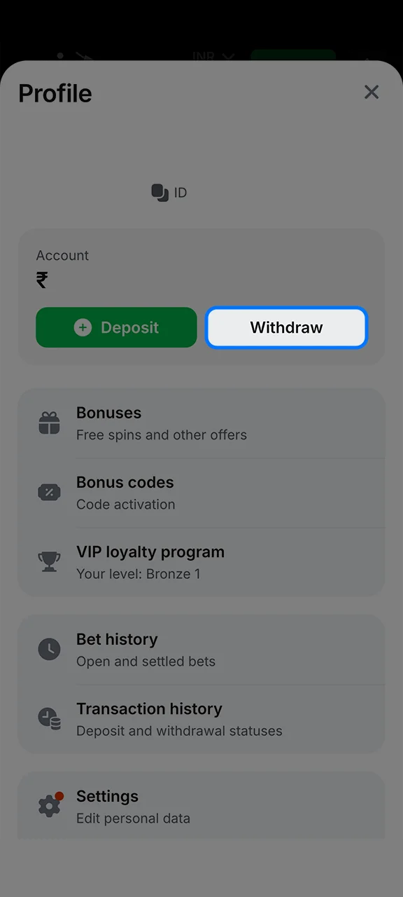 Go to the Withdrawals tab on the 1win website and take a look at the form provided.